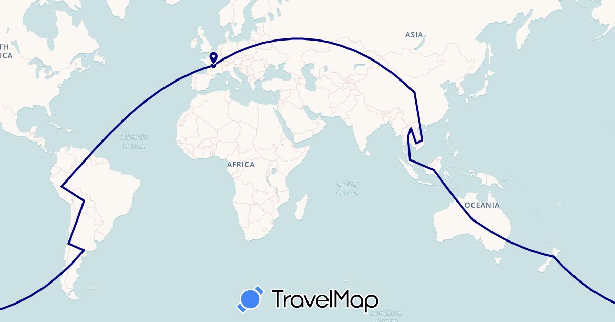 TravelMap itinerary: driving in Argentina, Australia, Bolivia, Chile, China, France, Indonesia, Cambodia, Laos, Malaysia, New Zealand, Peru, Thailand, Vietnam (Asia, Europe, Oceania, South America)